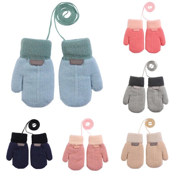Krdevn Kids Knitted Mittens Double Layer Thermal Warm Lined Wrist Design Built In Anti Lost Lanyard Comfort Handwear for Boys Girls Cold Weather Outdoor Activities