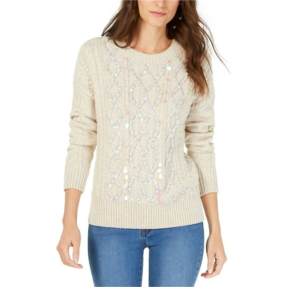 I.N.C Womens Embellished Cable Knit Pullover Sweater, Beige, X-Large