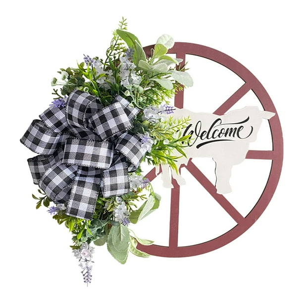 Corona de rueda de carreta de madera, corona de invierno, lazo a cuadros y negro, corona decorativa de flores para decoración de fiesta y