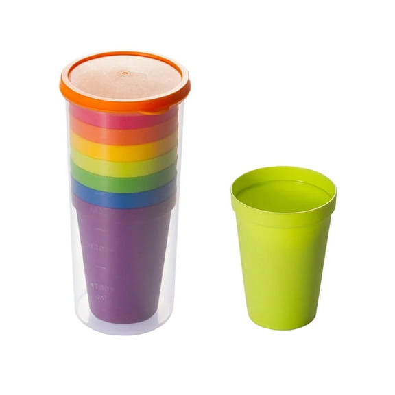 Kids Drinking Cup Set 8 Pack Stackable Plastic Tumblers with Storage Container Lid for Water Juice Milk Everyday Home Use