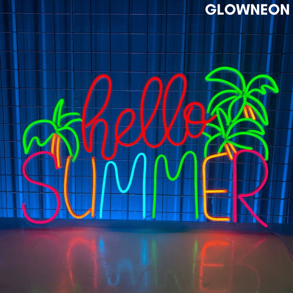Glowneon Hello Summer Neon Sign, Summer Led Sign, Beach Party Decor