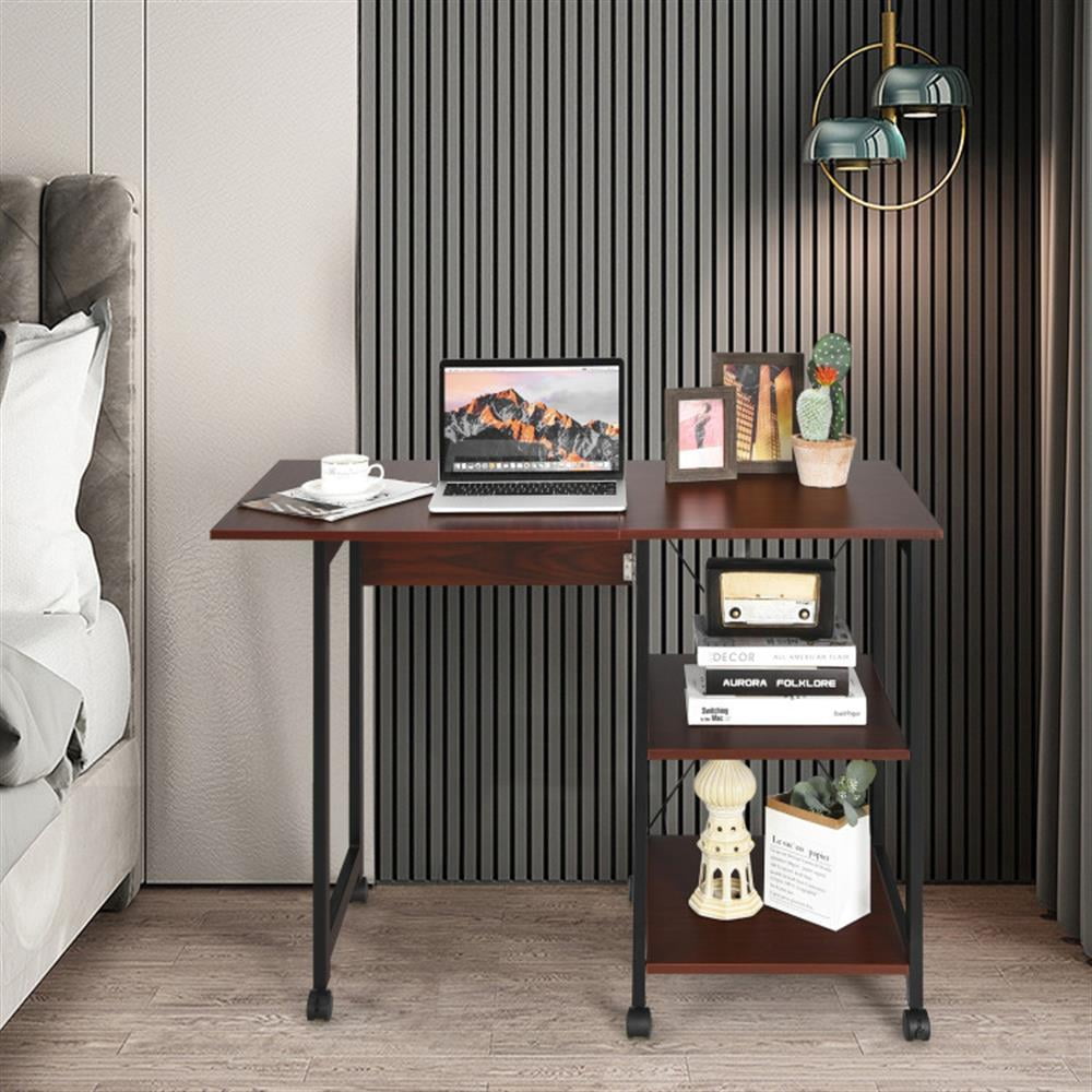 Demi Bonn Folding Writing Office Desk with Storage Shelves, Small Home Computer Desk Study Gaming Table, Brown