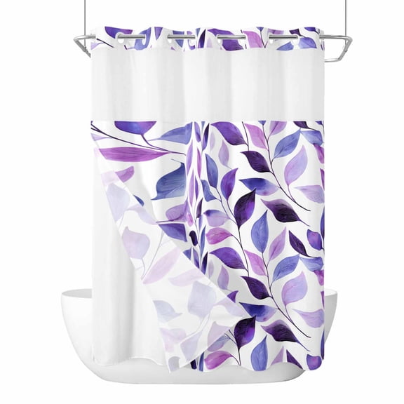 No Hook Spring Purple Leaves Shower Curtain with Snap in Liner Set, Country Leaf Plants Pastoral Waterproof Fabric Bathroom Curtains with See Through Top Window, Hotel Style Extra Long 72 x 96 Inch