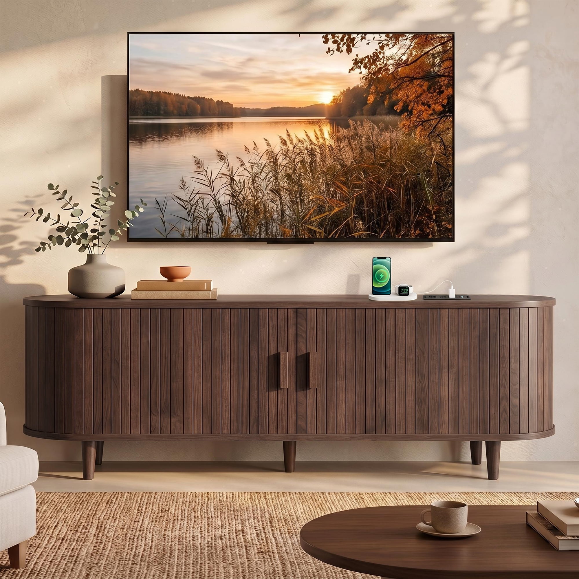 Easoger 65" Sliding Door TV Stand with Charging Station, Fluted Vertical Grille Wood Entertainment Center, Curved Oval Shape Storage Cabinet,Walnut