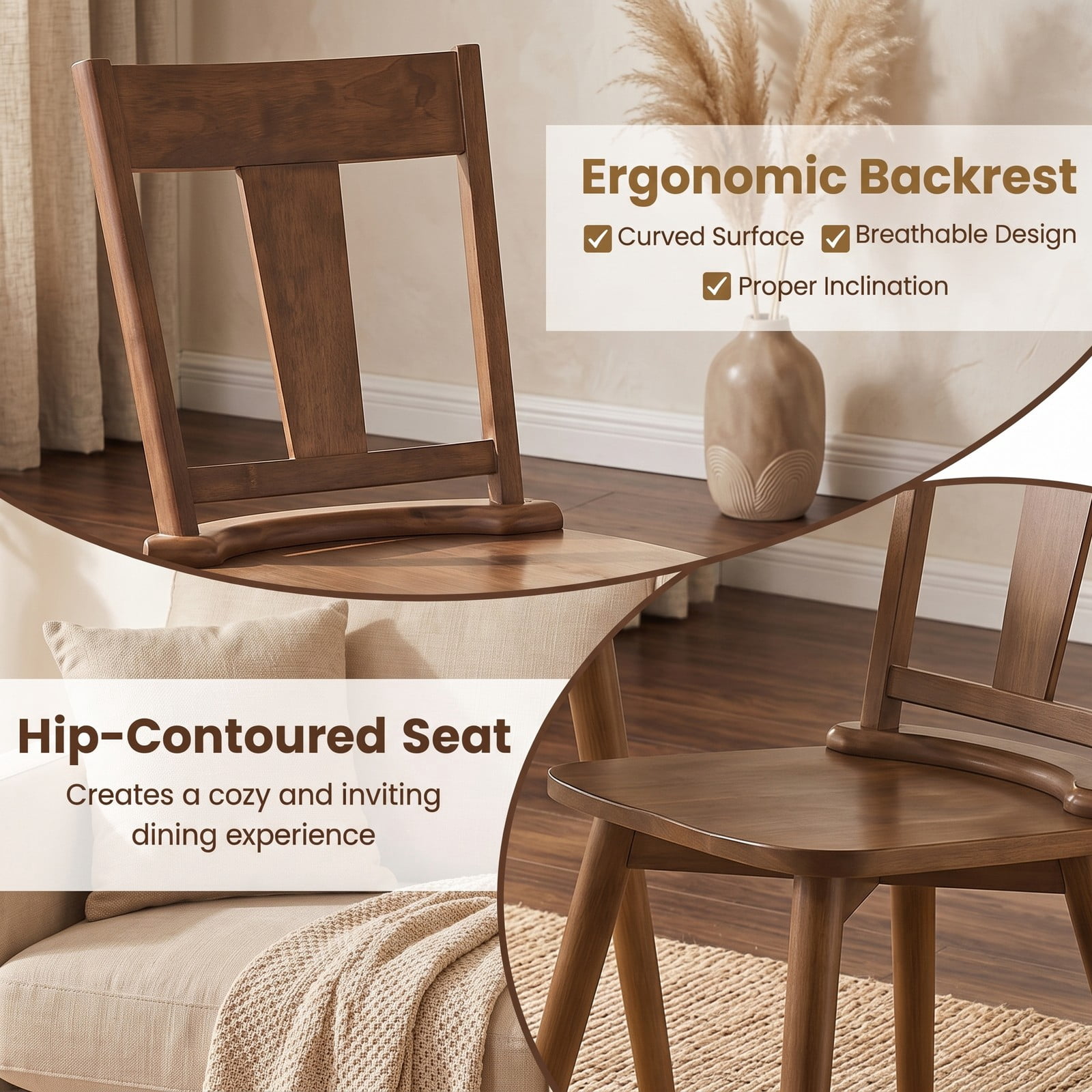 Furnibear Dining Chairs Set of 2 with Solid Rubber Wood Backrest, Ergonomic Slatted Kitchen Dining Room Side Chairs with X-Shaped Base, 400 lbs Capacity, Walnut