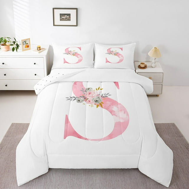 Erosebridal Initial Monogrammed Comforter Sets Queen Size,Pink White Bedding Queen Comforter Set,Floral Flower Bedding Sets Queen with Comforter,Alphabet Room Decoration,Reversible,3 Pieces