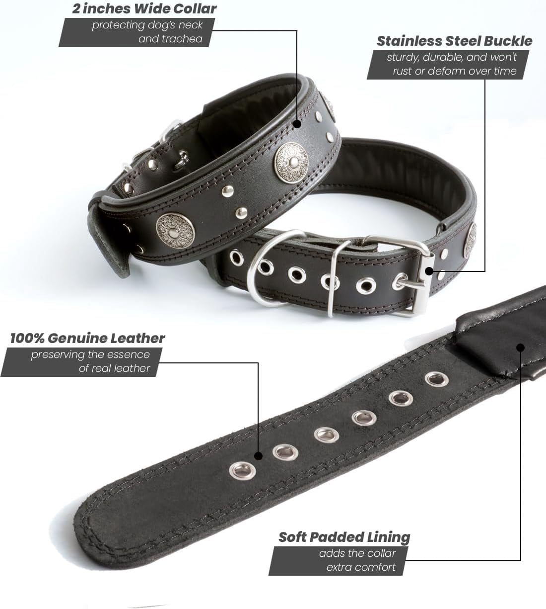 TJOUL Leather Dog Collar, 2 inches Wide Heavy Duty Genuine Leather Collars, Handmade, Soft, and Luxury, Eye-catching Best Choice for Large and Medium Breed Dogs 22.5-26.5 inches