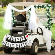 5 Pcs Wedding Golf Cart Decorations 1 Just Married Sign Banner 2 Rose Garland 2 Gauze Draping Fabric for Golf Cart Car Decorations Accessories Wedding Party Anniversary Honeymoon Favor Gifts