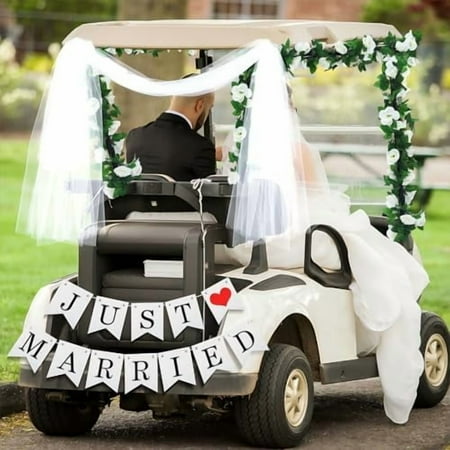5 Pcs Wedding Golf Cart Decorations 1 Just Married Sign Banner 2 Rose Garland 2 Gauze Draping Fabric for Golf Cart Car Decorations Accessories Wedding Party Anniversary Honeymoon Favor Gifts