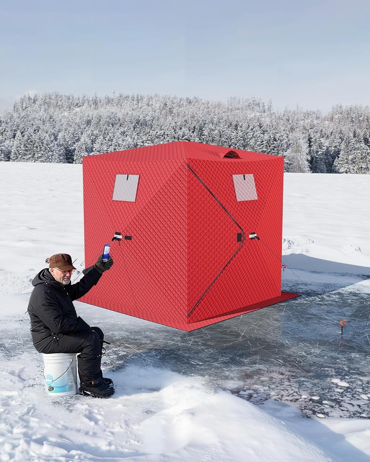 Lumiparty Pop Up Ice Fishing Tent Fully Insulated, Portable 1-2 Person Ice Fishing Shelter, Waterproof Oxford Fabric, Winter Windproof Hut Snow Hub with Anchors, Ropes & Carry Bag, Red