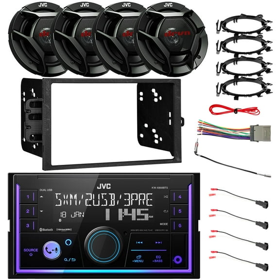 JVC KW-X855BTS Double DIN USB/AUX Bluetooth AM/FM Stereo Receiver, 4x JVC DR621 6.5" 300W Car Speakers w/Adapters, Radio   Speaker Harness, Antenna Adapter, Install Kit For Select 95-Up GM Vehicles