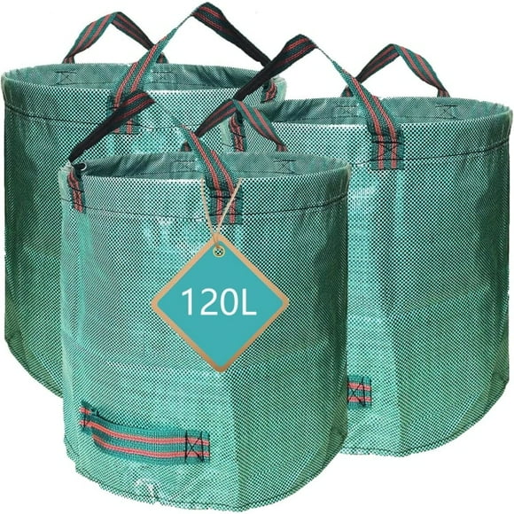 3 x Garden Waste Bags Extra Strong 120 Litre Reusable Outdoor Waste Garden Waste Bags Foldable Camping Recycling Bags