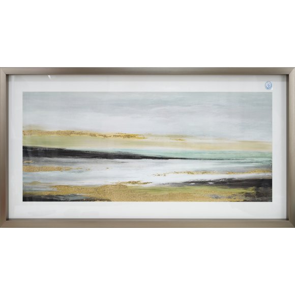 Art paysager abstrait encadré en ton argenté de 18 x 40 pouces avec accents dorés