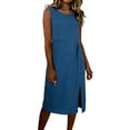 thumbnail image 1 of Vestido Largo Casual de Lino Suelto Cuello Redondo Vestido de Manga Larga, Color Sólido Relajado Ajuste Túnica para la Primavera Y el Verano Uso Diario, 1 of 6