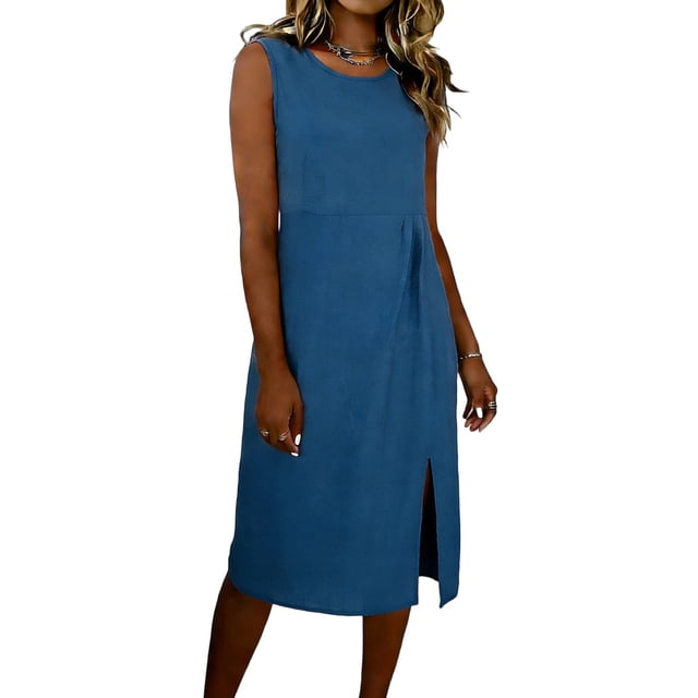 Vestido Largo Casual de Lino Suelto Cuello Redondo Vestido de Manga Larga, Color Sólido Relajado Ajuste Túnica para la Primavera Y el Verano Uso Diario