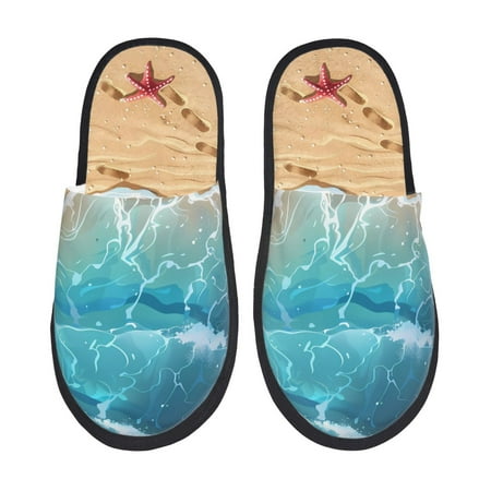 

Fuzoiu Tropical Beach With Starfish Print Unisex Furry Slippers Plush Indoor Shoes Trendy House Slippers Anti-Skid EVA Sole House Shoes for Home Office and Travel -Medium