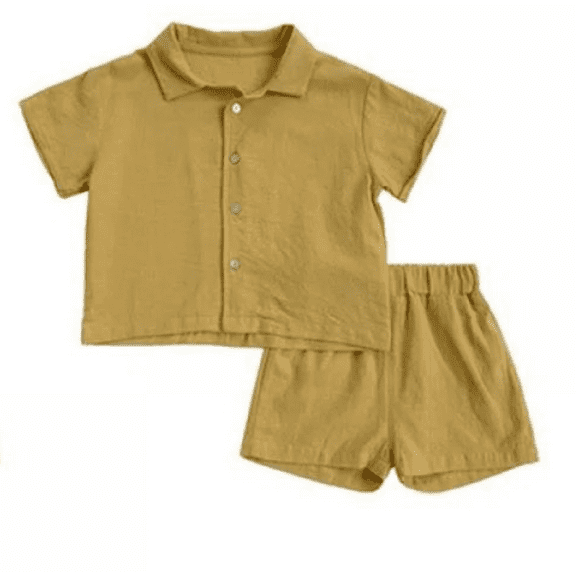 XBASW Toddler Kids Boys Short Sleeve Set Summer Solid Color Button down Shirt and Shorts Cotton 2PCS Outfit,Size 3-8T