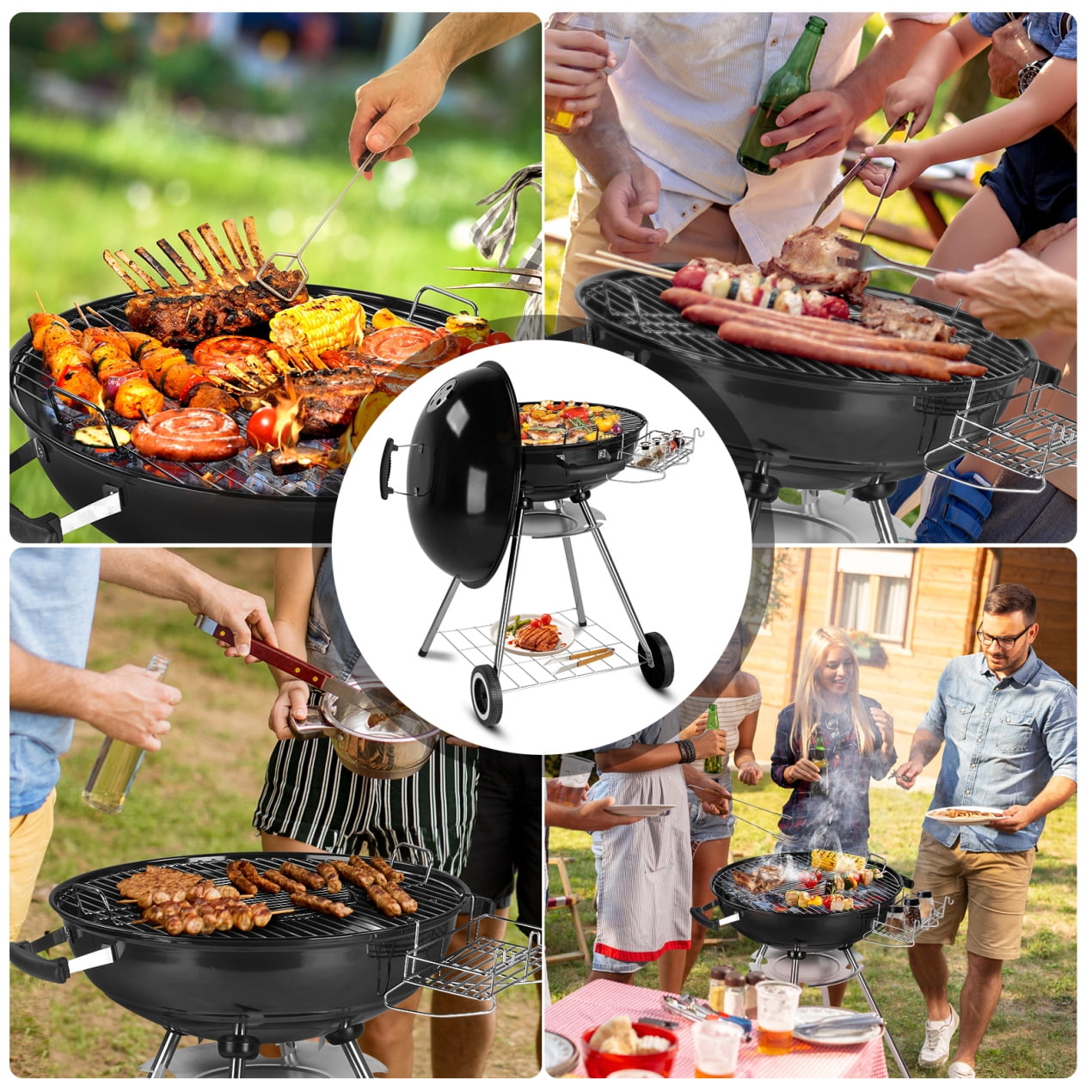 28" Camping Charcoal Grill, Barbecue Kettle Grill Bowl with Wheels, Storage Holder, Porcelain-Enameled Lid, Thermometer, Portable Wood Burning Camp Stove for Picnic, BBQ, Hiking, Party, Black