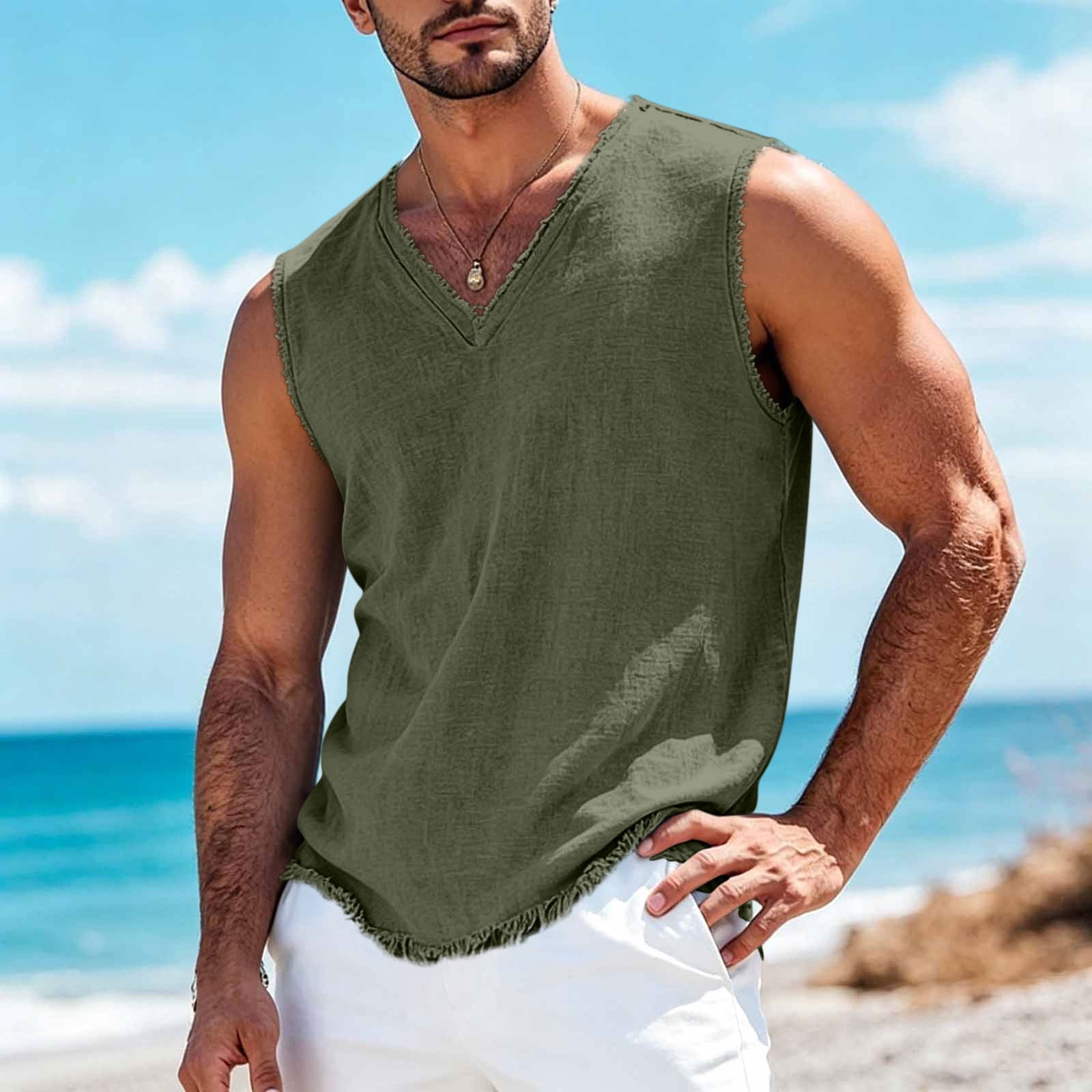 MEN ON STYLE  LIVE DVD2012〜2015 APEXFWDT Men's Linen V Neck Tank Top Vintage Ripped Trim Solid