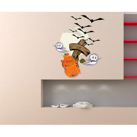 Bat Throwing - Pumpkin Throwing Up with Ghosts and Bats Wall Decal - Vinyl Sticker - Car Sticker - IDCOLOR008 - 25 Inches