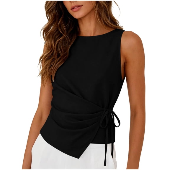jjayotai Cotton Linen Tank Tops for Women Tie Wrap Sleeveless Ruched Boatneck Shirts Casual Summer Beach Going out Tops
