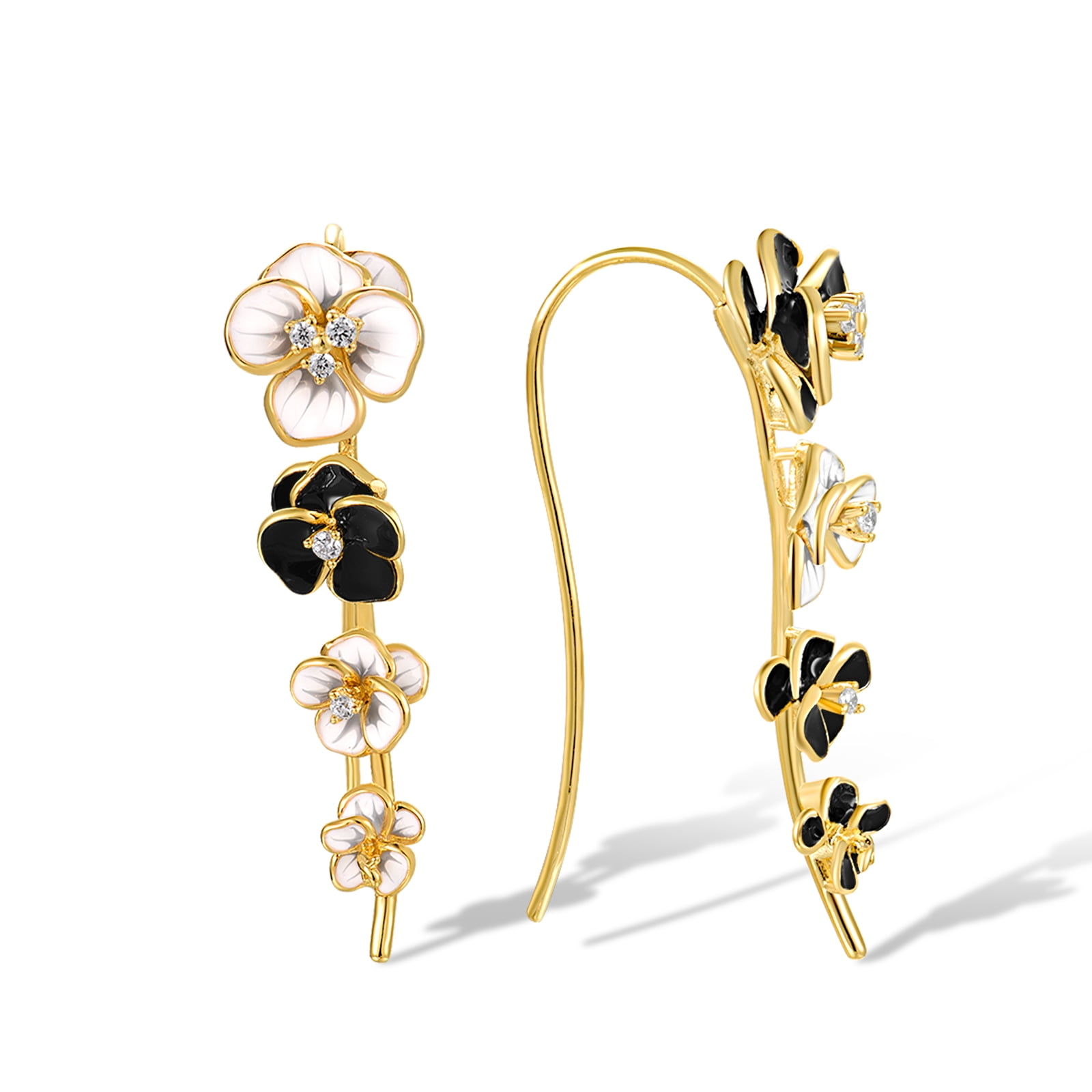 Santuzza Enamel Black & White Flower Ear Climber Earrings Peony Gold Plated Ear Crawler Earrings for Women