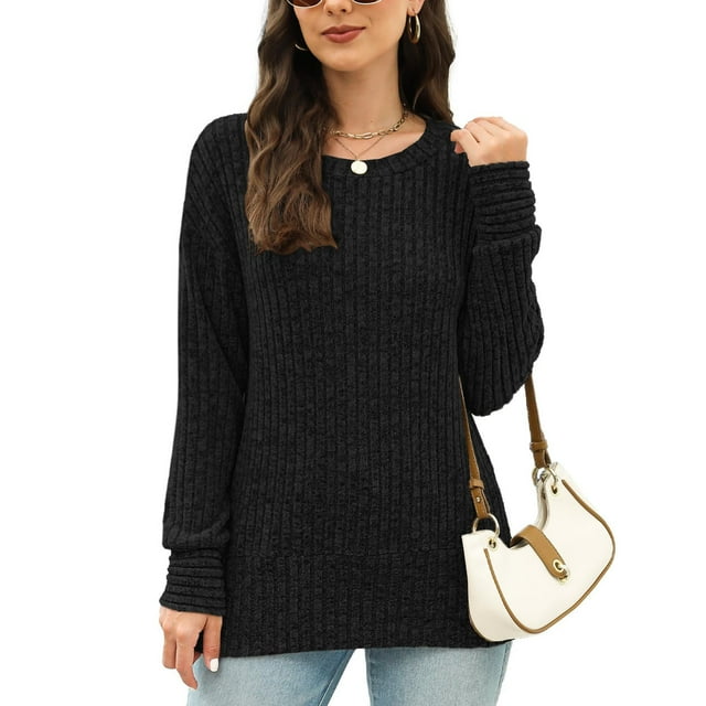 Chandail Noir à Manches Longues pour Femmes Mode Automne Tunique Ample Décontractée Col Rond Doux Tricoté Noir G