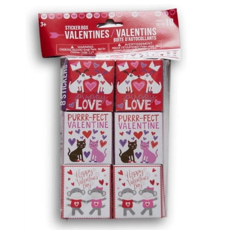 Valentines Day Themed Gift Assorted Stickerboxes - Love, Puppies, Hearts - 18 Count