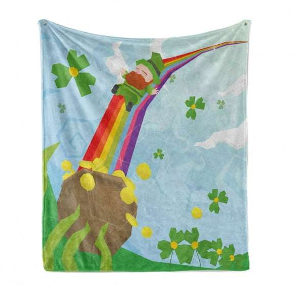 St. Patrick's Day Soft Flannel Fleece Blanket, Abstract Cartoon Happy Leprechaun Sliding down Rainbow Gold and Shamrock, Cozy Plush for Indoor and Outdoor Use, 50" x 60", Multicolor, by Ambesonne