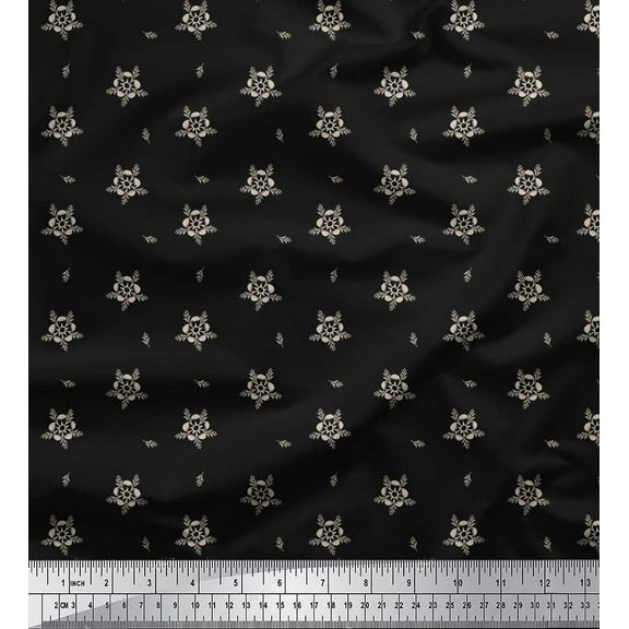 Soimoi Black Cotton Duck Fabric Artistic Floral Print Fabric by Yard 42 Inch Wide