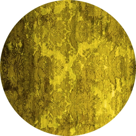 Ahgly Company Machine Washable Indoor Round Abstract Yellow Contemporary Area Rugs, 7' Round