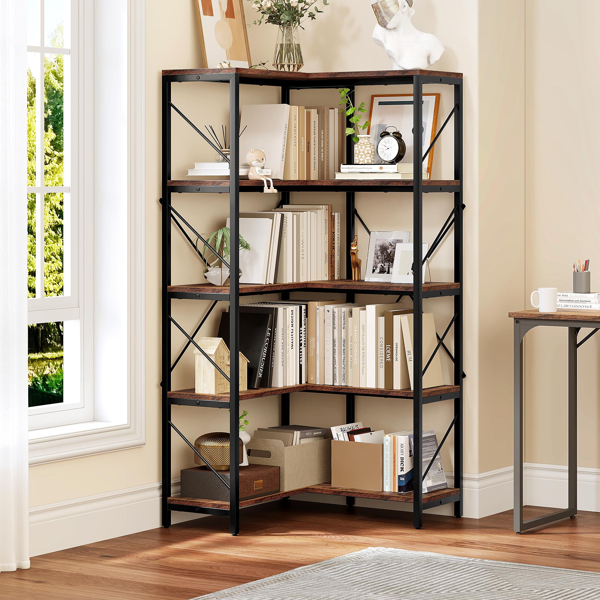 Dextrus 5-Tier L-Shaped Bookcase Storage Organizer, Tall Corner Bookshelf Open Display Freestanding Storage, Brown