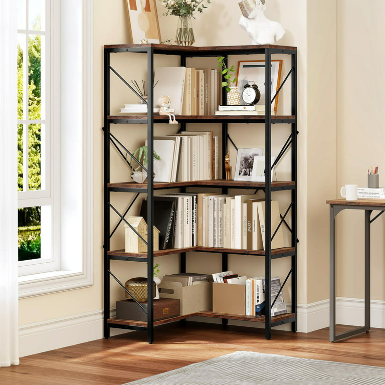 5-Tier L-Shaped Bookcase Storage Organizer, Tall Corner Bookshelf Open Display Freestanding Storage, Brown, Size: 31.5 x 31.5 x 65.7