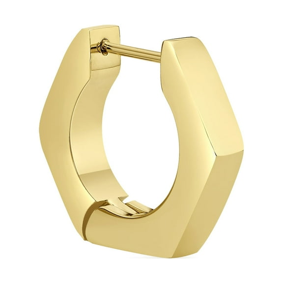 Hexagon Single Hoop Earring for Men in Stainless Steel with Yellow Gold Ion Plating 4 mm Wide Hinged Hoop by Metro Jewelry