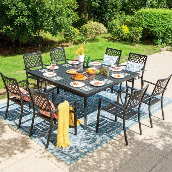 9-Piece Outdoor Patio Dining Set with Stack-able Chairs & Large Square Table for 8-People, All-Weather Metal Steel, Black