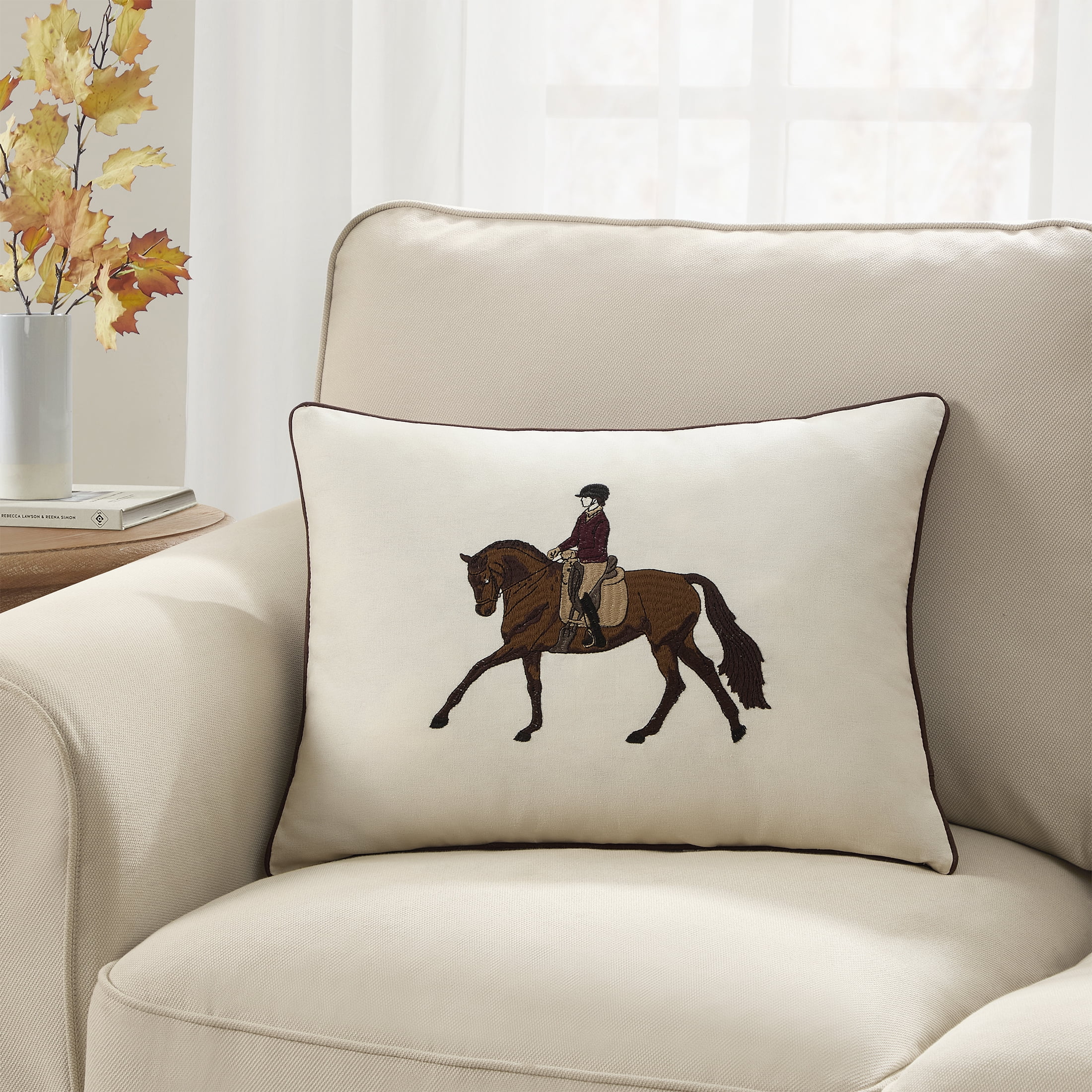 My Texas House 14" x 20" Ivory Embroidered Equestrian Decorative Pillow Cover