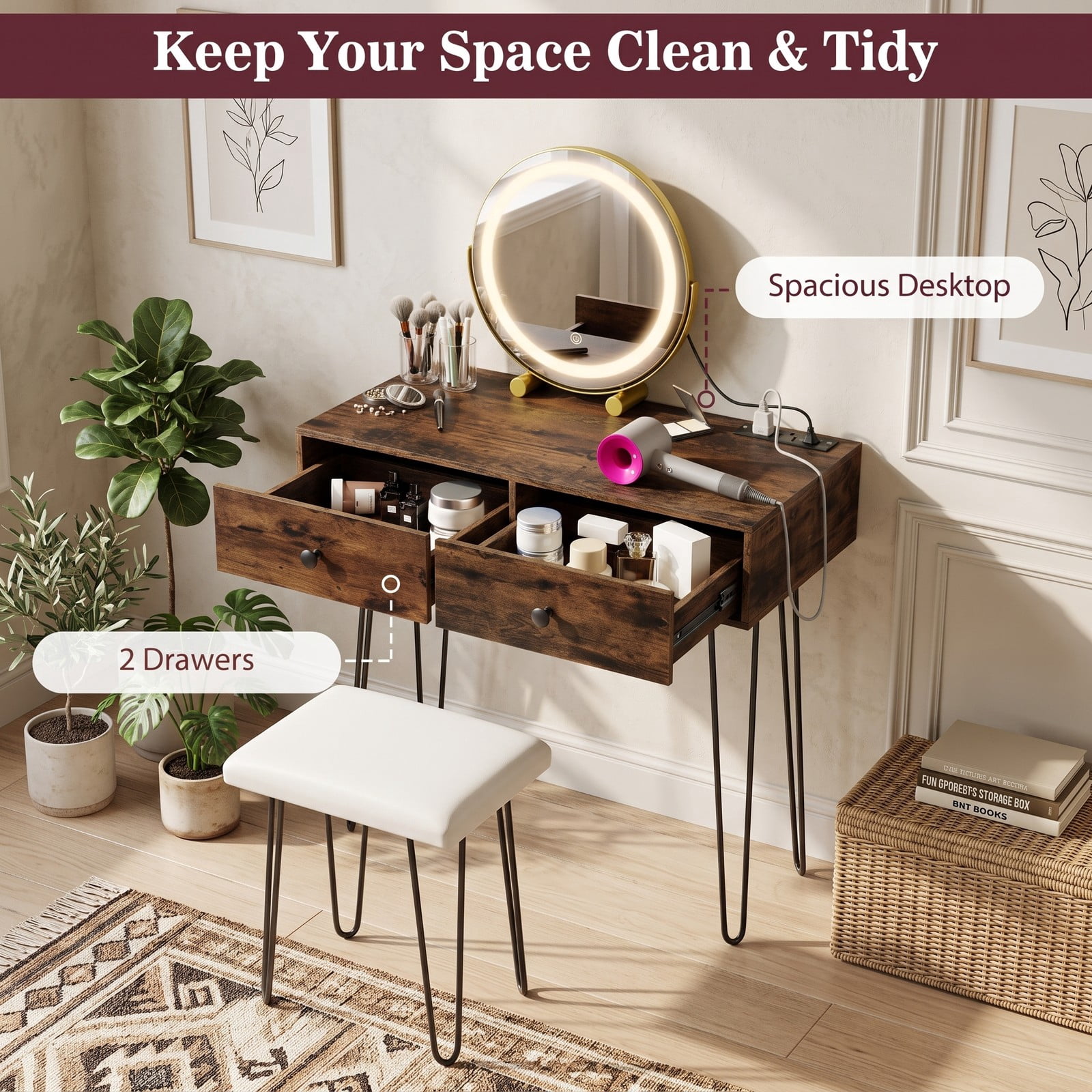 Furnibear Vanity Desk with Lighted Adjustable Mirror, Makeup Dressing Table with 2 Drawers, Outlets and Cushioned Stool for Bedroom, Rustic Brown