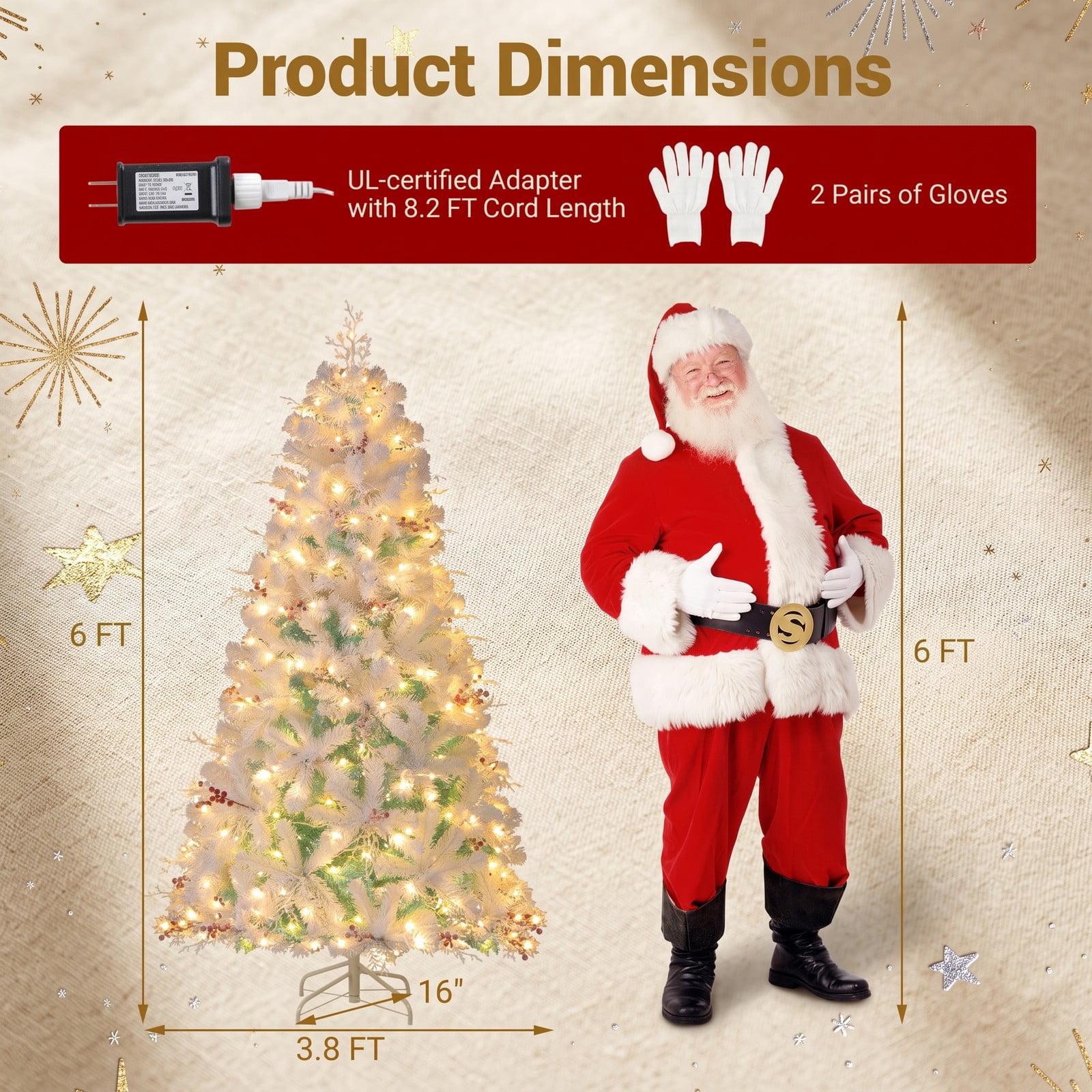 RUIE 6 FT Pre-Lit Artificial Christmas Tree with 250 Warm White LED Lights, Snow Flocked Branch Tips, Frosted Red Berries and Foldable Metal Base, White & Lake Blue