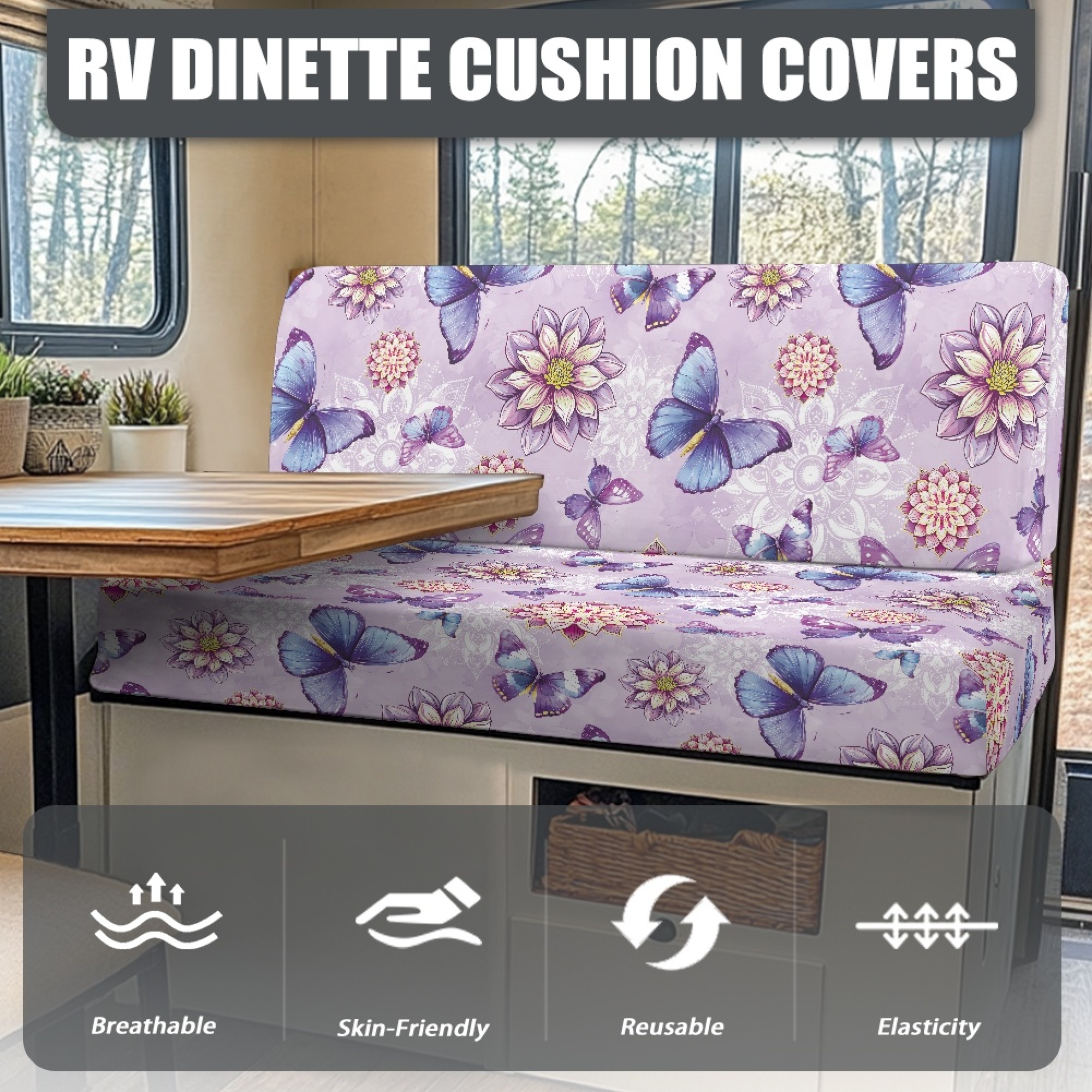FOR U DESIGNS Boho Mandala Butterfly Purple Pattern 2 Pcs RV Dinette Cushion Covers Anti-Slip Camper Cushion Slipcover Stretch 2 Seat Sofa Chair Cover 1 Backrest Covers and 1 Bench Covers