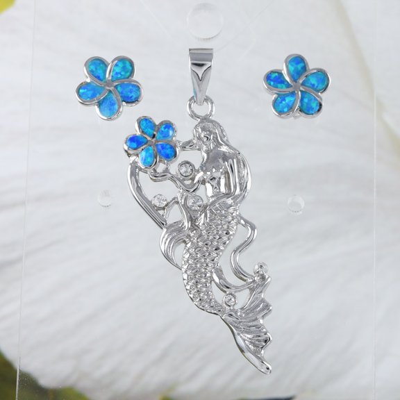 Unique Stunning Large Hawaiian Mermaid Earring and Necklace, Sterling Silver Blue Opal Plumeria Mermaid CZ Pendant, N9304S Birthday Mom Gift