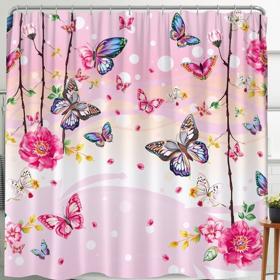Whimsical Pink Shower Curtain with Colorful Butterflies & Floral Design