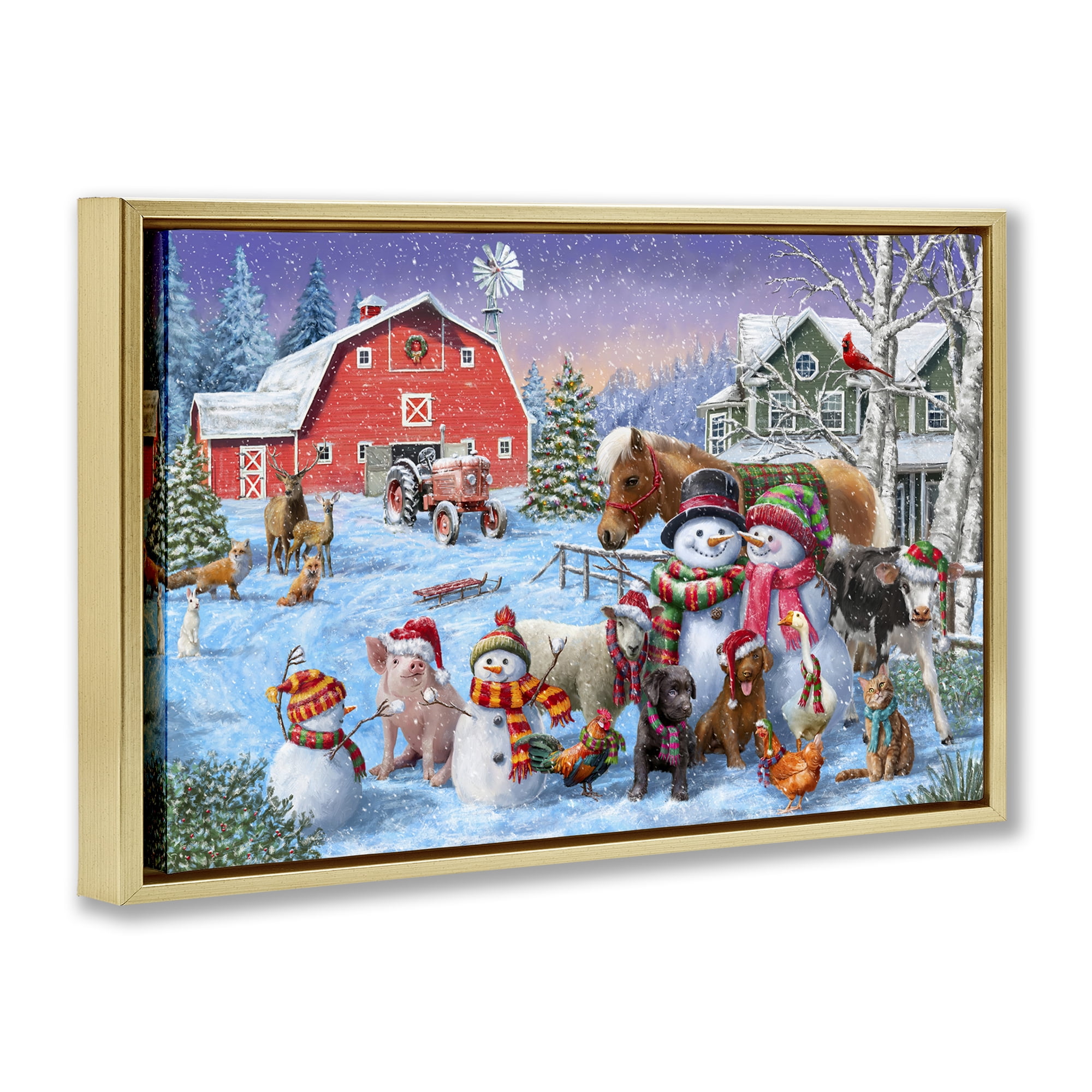 Stupell Industries Snowman & Dogs Family Holiday Painting Gold Floater Framed Canvas Art Prints Wall Art, 31 x 21
