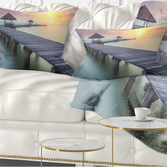 Designart Wooden Sea Bridge and Sunset - Seashore Photo Throw Pillow - 12x20