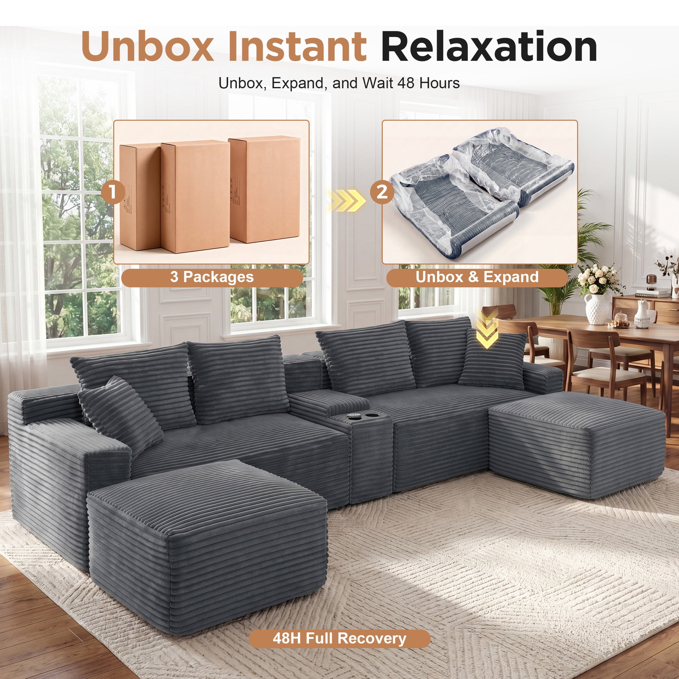 Aenkyo 127" Corduroy U-Shaped Modular Sectional Sofa with Storage Console and Cup Holder, Gray