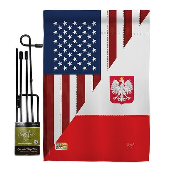 Breeze Decor BD-FS-GS-108379-IP-BO-D-US15-BD 13 x 18.5 in. US Polish Friendship Flags of the World Impressions Decorative Vertical Double Sided Garden Flag Set with Banner Pole