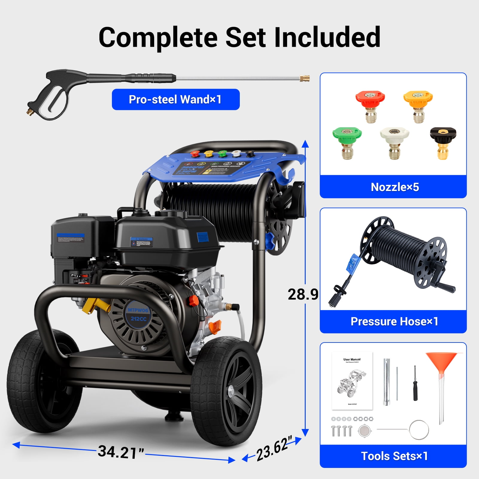 Efurden Gas Pressure Washer with Hose Reel, 3600PSI 2.3GPM, 212CC Heavy Duty Engine, 30FT Hose, 5 Quick Connect Nozzles for Garden Cleaning