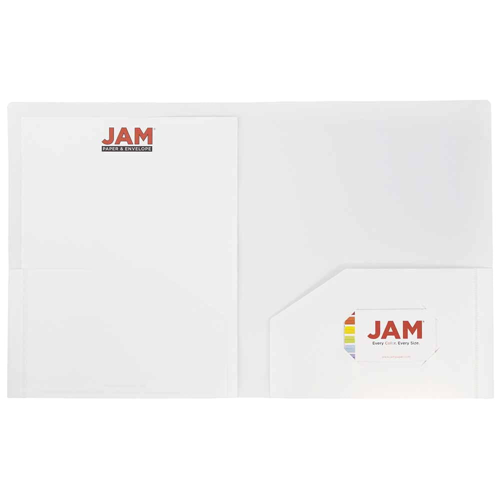 JAM Paper Heavy Duty Plastic Two Pocket Presentation Folders, White, 108/pack