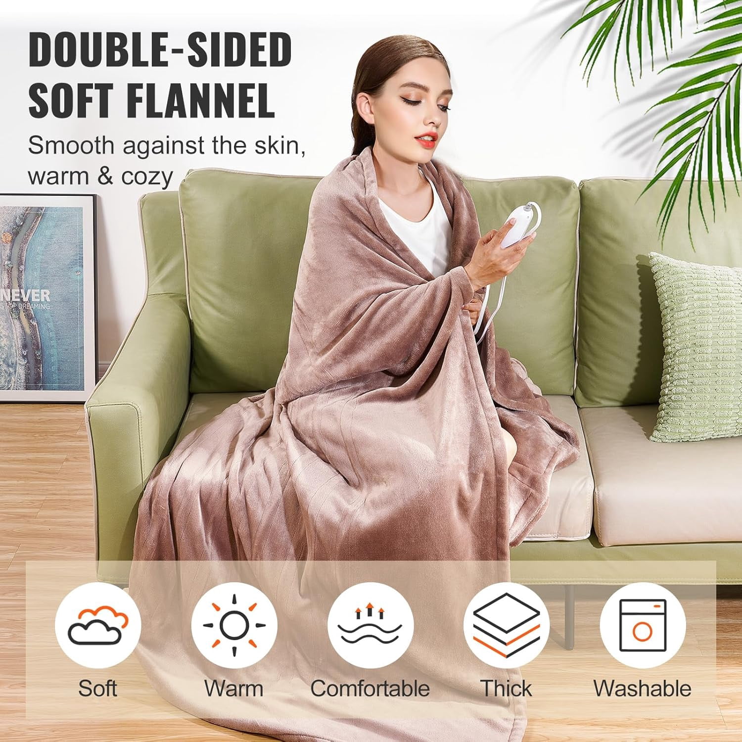 VEVOR Flannel Heated Queen Blanket, 84"x90", 10H Timer, 5 Heat Levels, Dual Control, Washable
