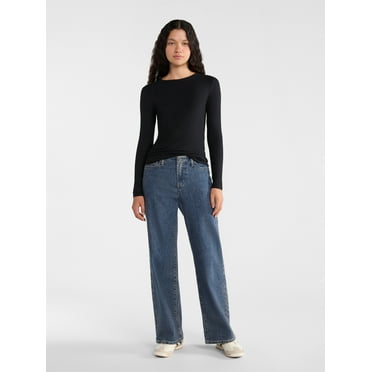 No Boundaries Ribbed Crewneck Tee with Long Sleeves, 1 or 2-Pack, Women's & Women's Plus XXS-XXL