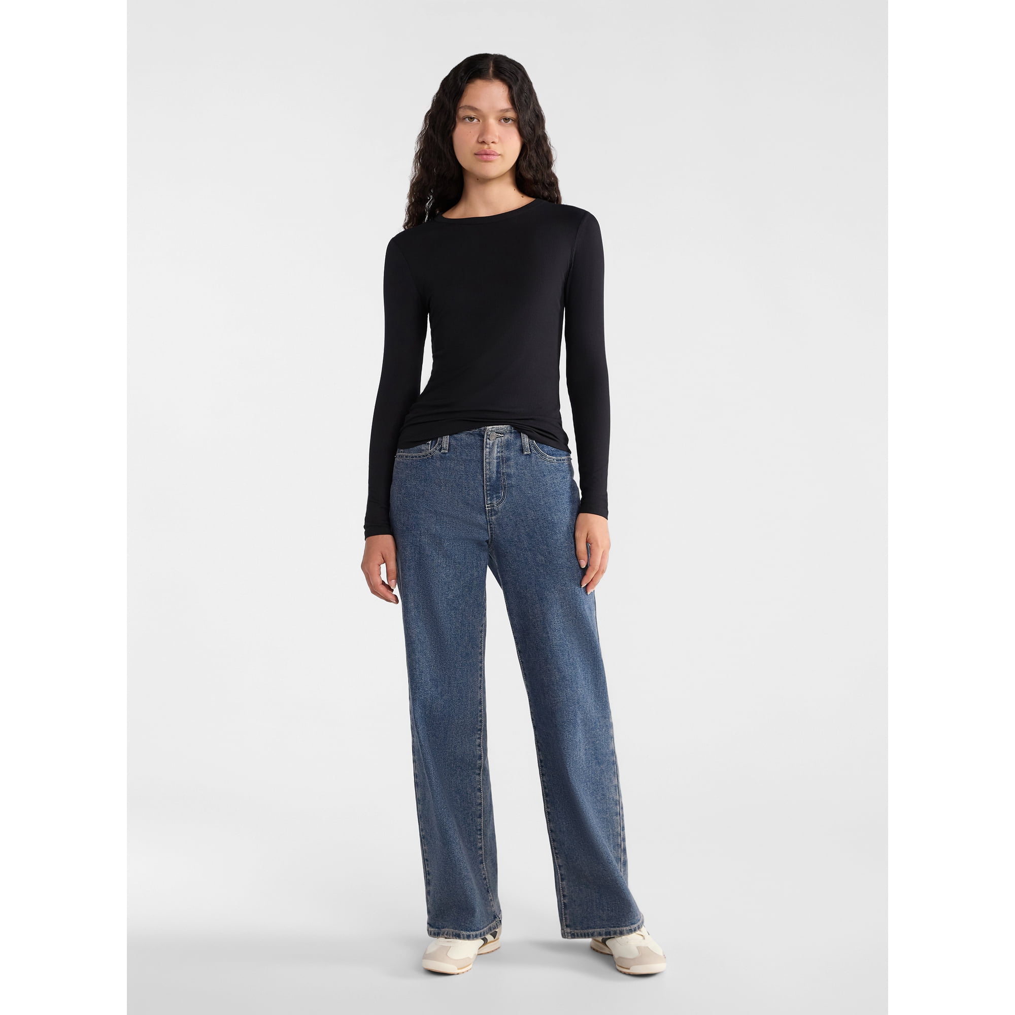 No Boundaries Ribbed Crewneck Tee with Long Sleeves, Women's & Women's Plus XXS-4X